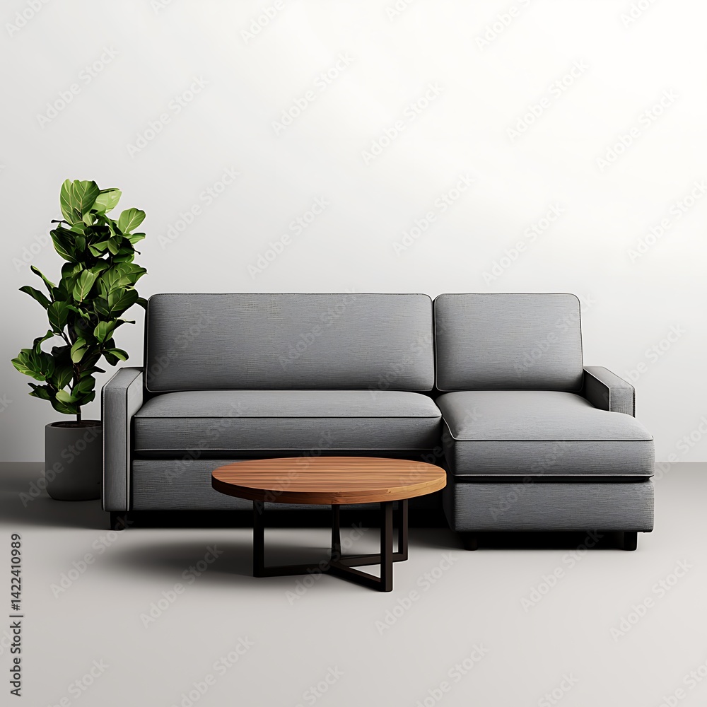Minimalist Gray Sofa with Wooden Coffee Table and Indoor Plant, Simple Home Interior Design.
