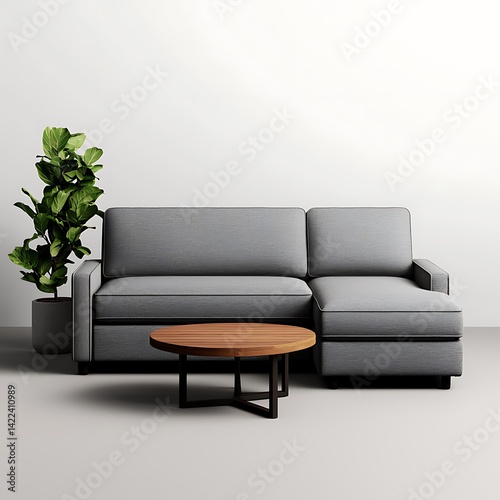 Minimalist Gray Sofa with Wooden Coffee Table and Indoor Plant, Simple Home Interior Design.