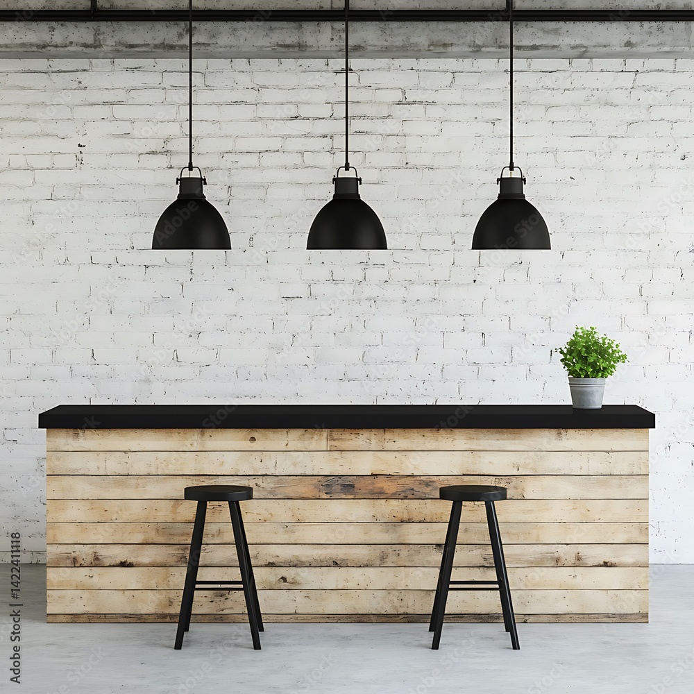 Minimalist Home Interior Design Featuring Wooden Counter, Black Stools, Pendant Lights, and Textured Brick Wall Backdrop.