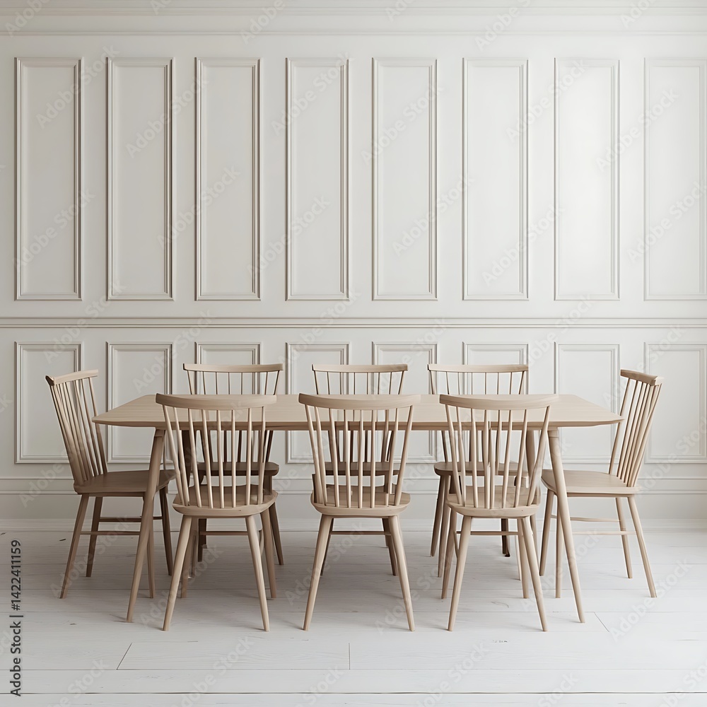 Minimalist Dining Room: Wooden Table and Chairs with Elegant Paneling Interior Design, Modern Scandinavian Style.