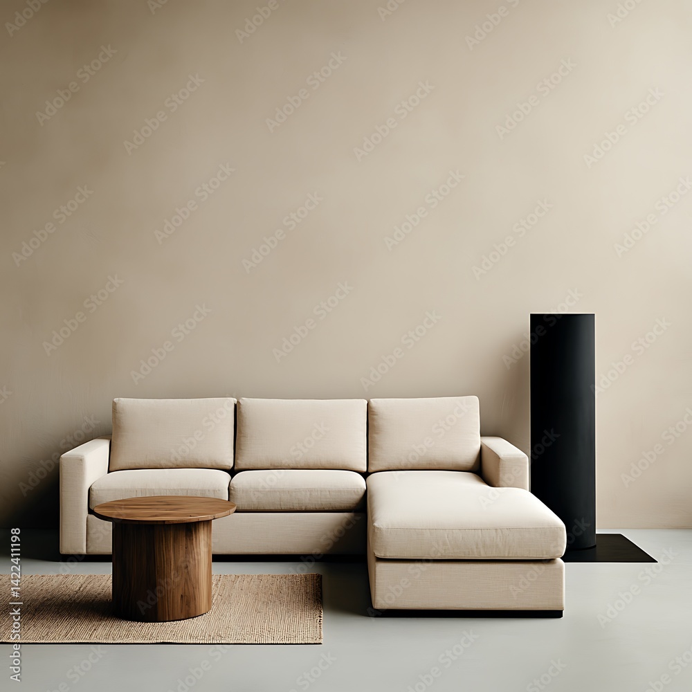 Minimalist Home Interior Featuring a Beige Sofa, Wooden Table, Rug and Modern Decor Elements for Serene Living.