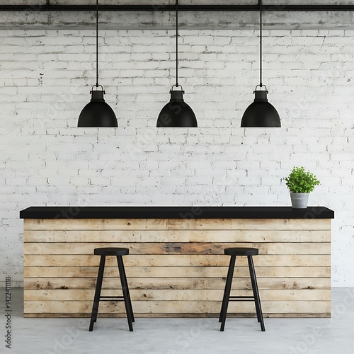 Obraz na płótnie Minimalist Home Interior Design Featuring Wooden Counter, Black Stools, Pendant Lights, and Textured Brick Wall Backdrop. w salonie
