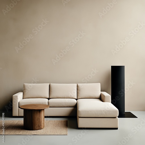 Obraz na płótnie Minimalist Home Interior Featuring a Beige Sofa, Wooden Table, Rug and Modern Decor Elements for Serene Living. w salonie