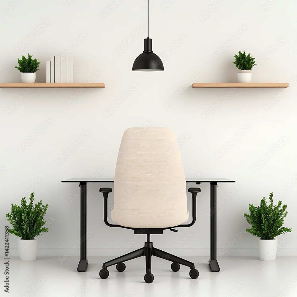 Minimalist Home Office Decor: Comfortable Chair, Desk, Shelves, and Plants for a Clean and Productive Workspace.