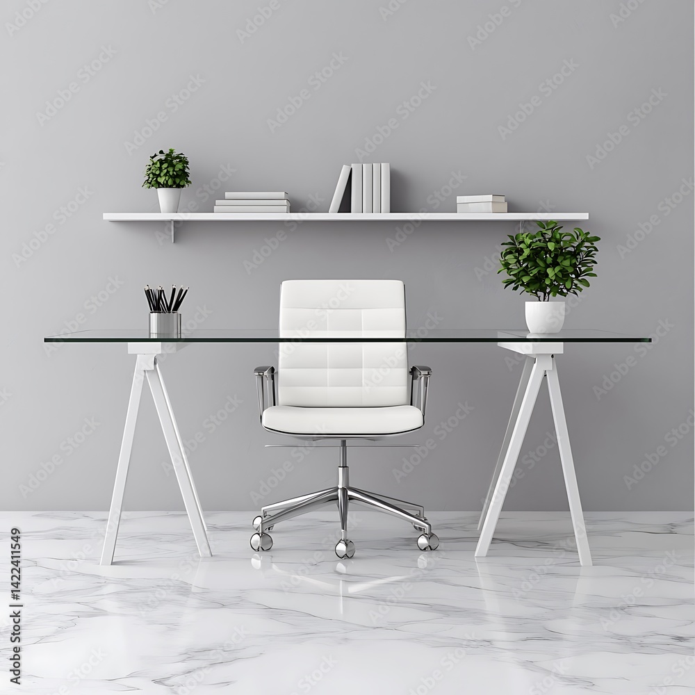 Minimalist Home Workspace with White Chair, Glass Table, Books, and Plants on Gray Wall Background.
