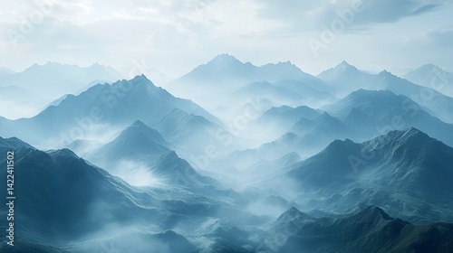 Wallpaper Mural Misty mountain range landscape, aerial view, serene nature background, travel poster Torontodigital.ca