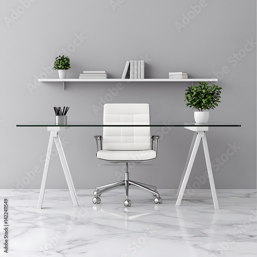 Obraz na płótnie Minimalist Home Workspace with White Chair, Glass Table, Books, and Plants on Gray Wall Background. w salonie