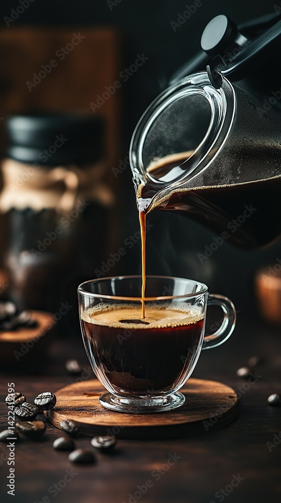 Fototapeta premium Coffee Pour: Fresh brew being poured into a clear glass mug, surrounded by roasted coffee beans.