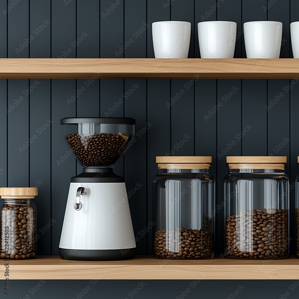 Minimalist kitchen scene with coffee beans, grinder, cups, and wooden shelves, ideal for cooking themes.