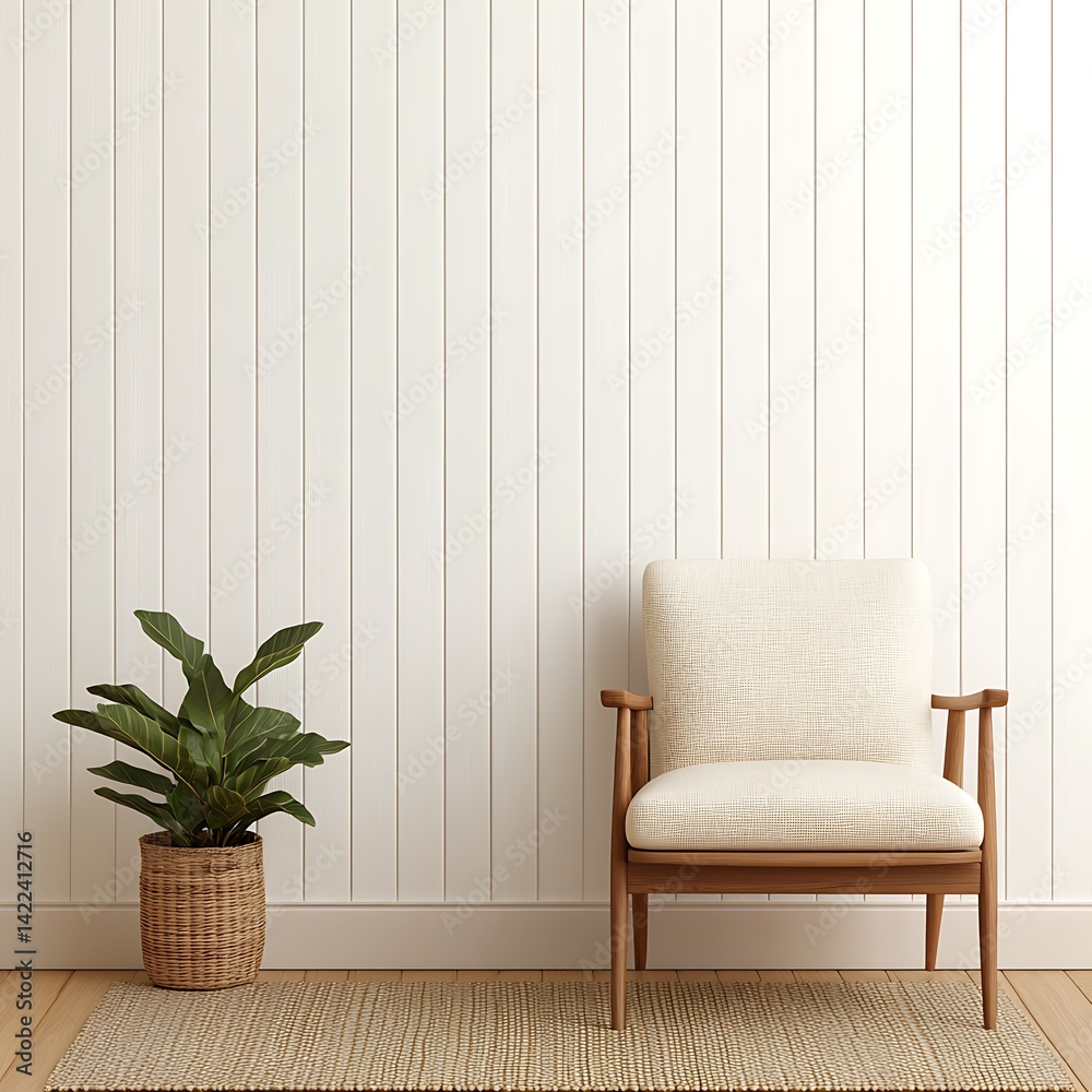 Minimalist living area with armchair, plant and light walls enhancing serene home decor and simple interior design.