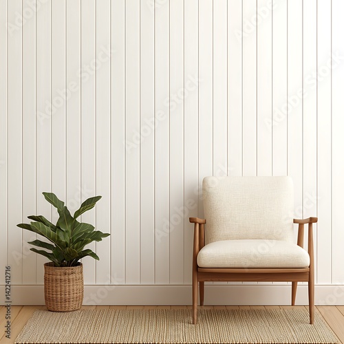 Obraz na płótnie Minimalist living area with armchair, plant and light walls enhancing serene home decor and simple interior design. w salonie