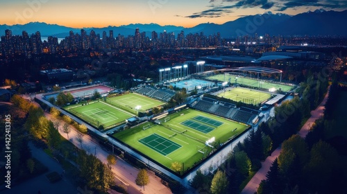 Aerial view of illuminated sports complex at dusk, featuring multiple tennis courts, soccer fields, and stadium, set against a backdrop of city skyline and mountains.