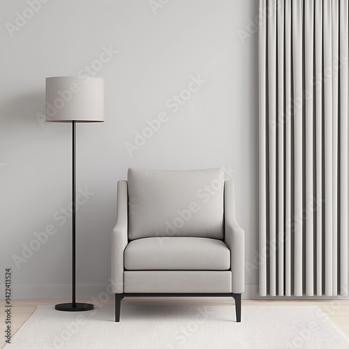 Minimalist Living Space: Armchair, Lamp, and Curtains in Neutral Tones for Modern Interior Design and Comfortable Home Decor.