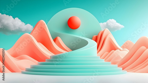 Vibrant Geometric Shapes and Pastel Mountains 3D Render