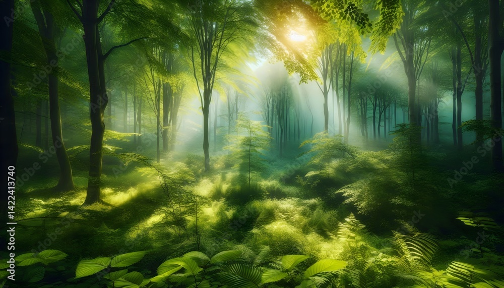 Obraz premium Vibrant forest filled with lush greenery and soft beams of sunlight piercing through mist and trees peacefully