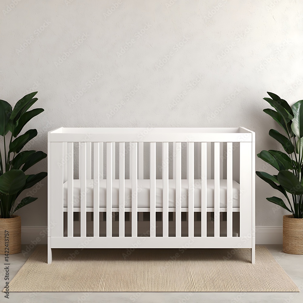 Minimalist nursery scene featuring a white crib, potted plants, and neutral rug for a serene and calming atmosphere.
