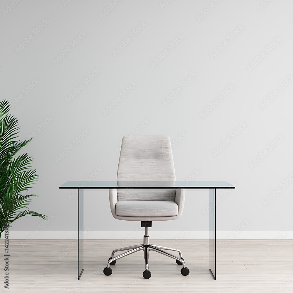 Minimalist office setup featuring a clear glass desk, ergonomic chair, and natural plant against a simple background.