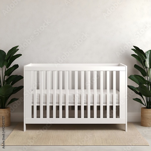 Obraz na płótnie Minimalist nursery scene featuring a white crib, potted plants, and neutral rug for a serene and calming atmosphere. w salonie