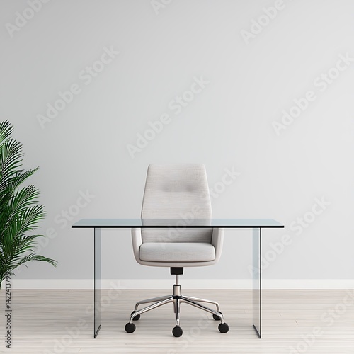 Obraz na płótnie Minimalist office setup featuring a clear glass desk, ergonomic chair, and natural plant against a simple background. w salonie