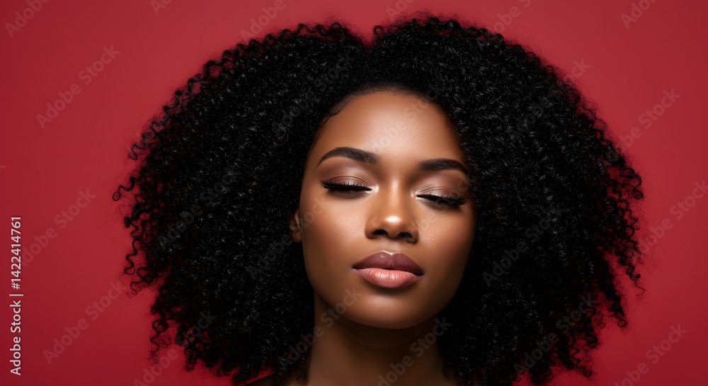 Fototapeta premium Beautiful african american woman with curly hair and glowing skin against a red background portrait