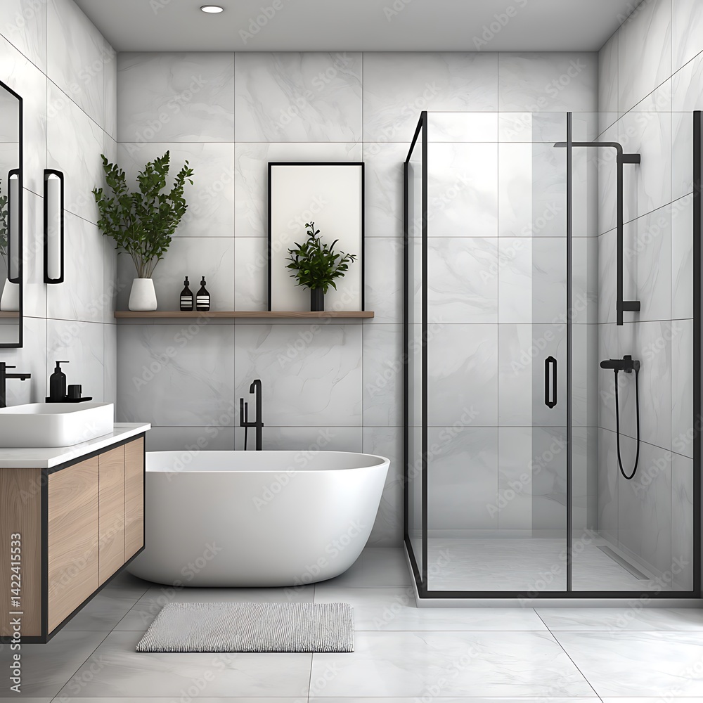 Modern Bathroom Design with Freestanding Bathtub, Walk-In Shower, Elegant Sink Vanity, and Natural Plant Accents Against Marble Tile.