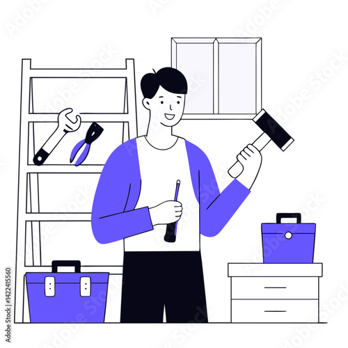 Smiling man holding tools preparing for DIY project at home