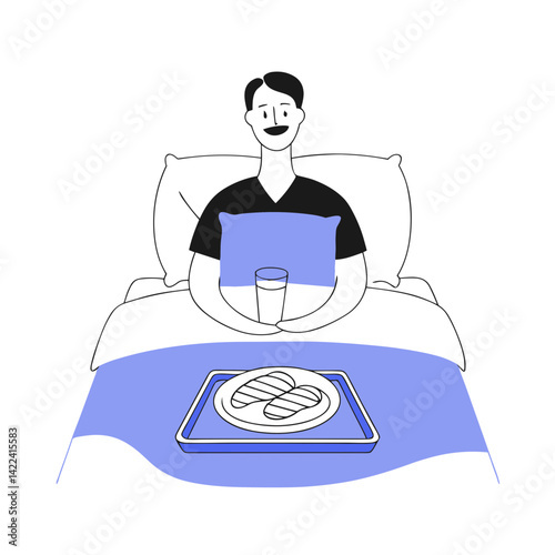 Father's Day man enjoying breakfast in bed with drink and snack