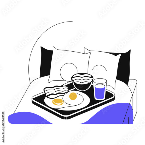 Breakfast in bed with eggs, bacon, and drink on tray