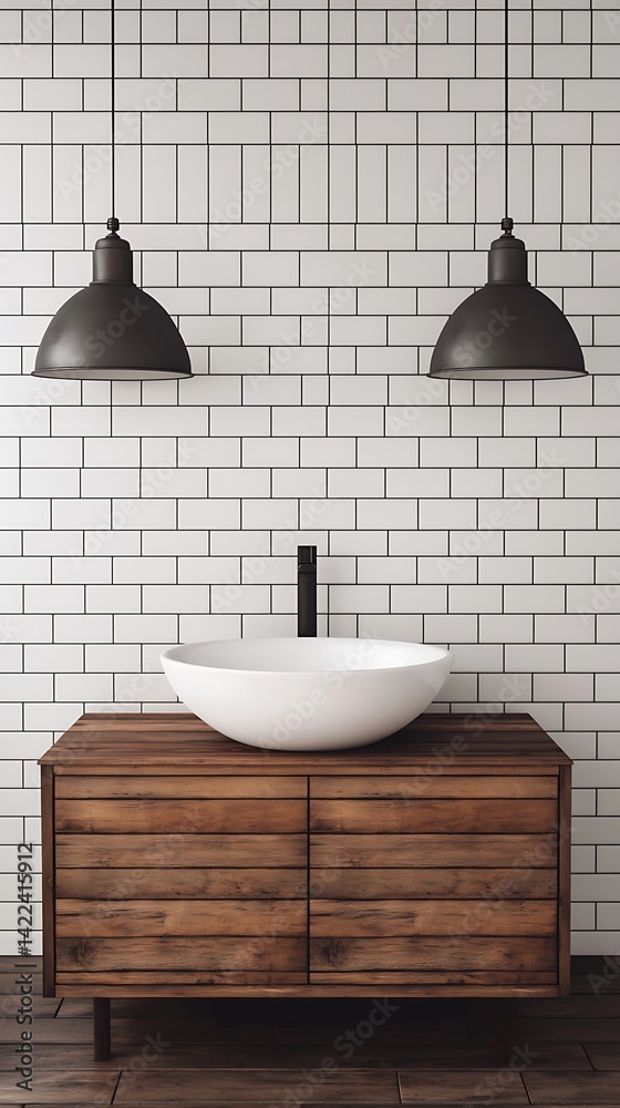 Modern Bathroom Interior Design Featuring White Sink, Wooden Vanity, Subway Tiles, and Minimalist Black Pendant Lighting Fixtures.