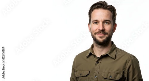 Portrait of handsome man with beard in green shirt on white background for professional headshot 