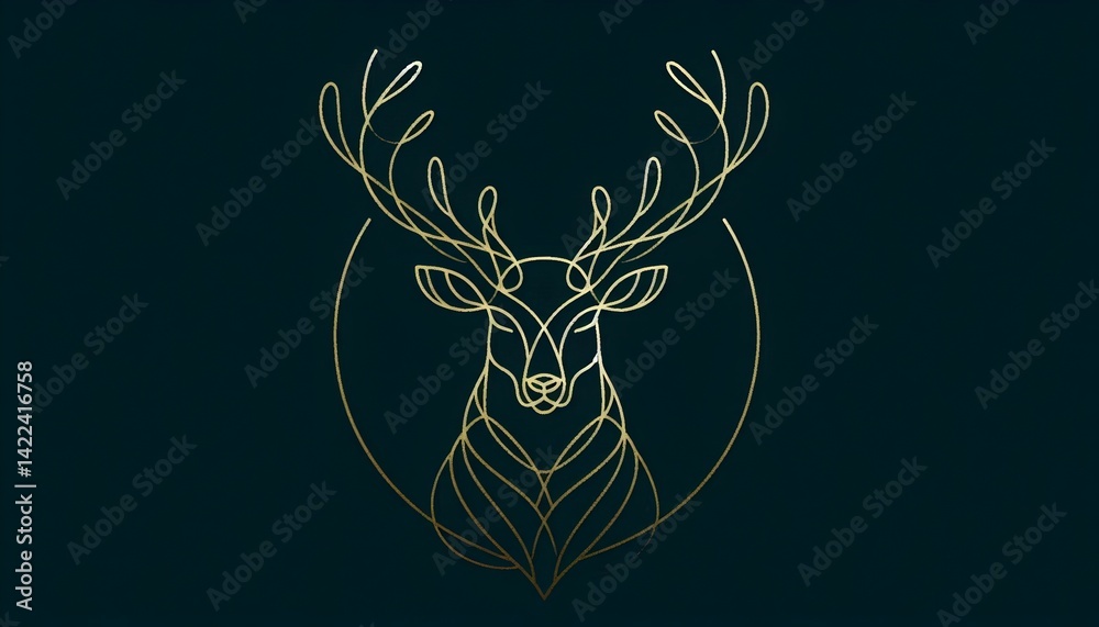 Fototapeta premium Outline of reindeer face in elegant gold lines displayed on a rich green background for Christmas minimalism