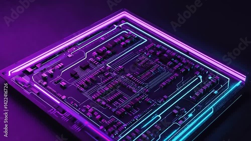 Illuminated circuit board with vibrant neon glow.
