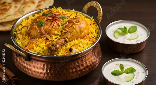 Delicious chicken biryani recipe indian cuisine with yogurt raita and naan bread food photography style image