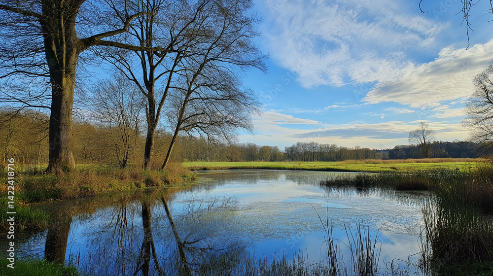 Fototapeta premium A creative asset designed around vibrant tidal marsh scene: pocosin, swamp, and marsh blend in a rich wetland transition, surrounded by azure waters and lush greenery.