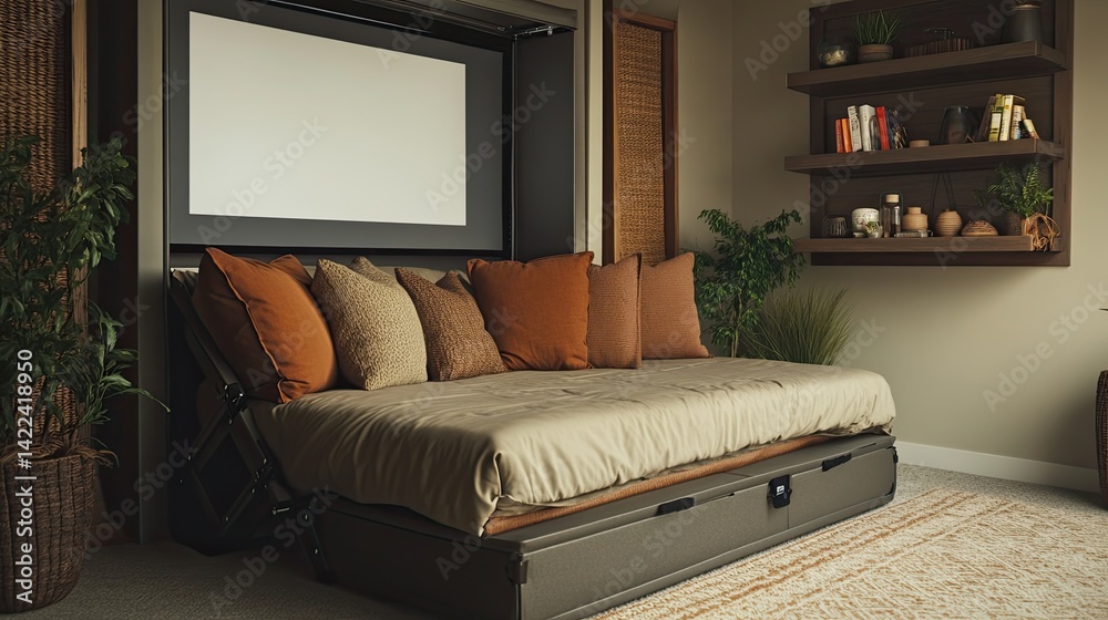 A dual-purpose compact sitting area with a modular couch that folds out into a bed