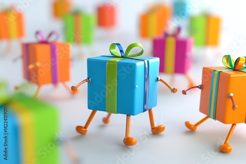 Charming 3d render of colorful gift boxes with legs playfully running on a bright white background