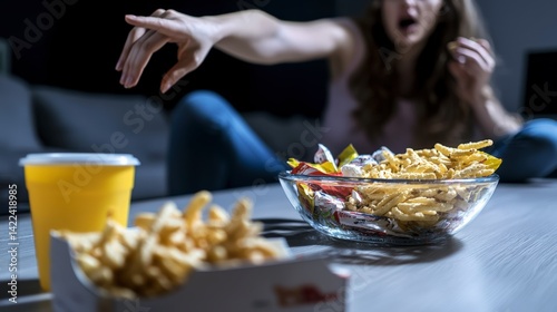 Stressed Person Reaching for Junk Food Late at Night in Dark Room
