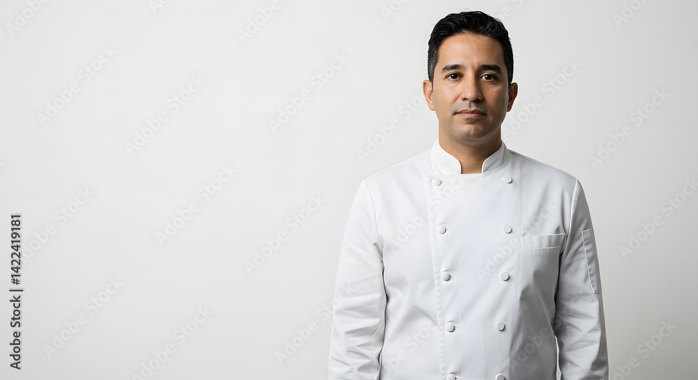 Professional chef portrait in white uniform on white background for culinary website or restaurant Professional chef portrait in white uniform on white background for culinary website or restaurant