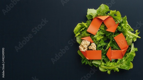 Fresh Green Salad with Recycle Symbol Made of Orange Paper Strips