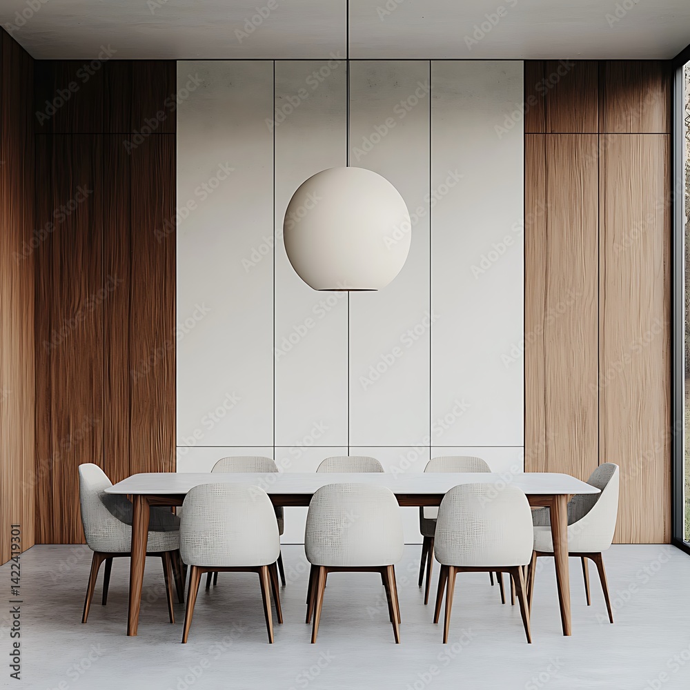Modern Dining Room Interior: Rectangular Table with Chairs, Globe Pendant Lamp, and Wood Accent Wall for Contemporary Style.