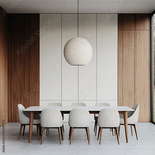 Obraz na płótnie Modern Dining Room Interior: Rectangular Table with Chairs, Globe Pendant Lamp, and Wood Accent Wall for Contemporary Style. w salonie