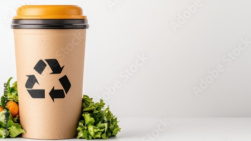 Eco-Friendly Coffee Cup with Recyclable Symbol and Fresh Greens