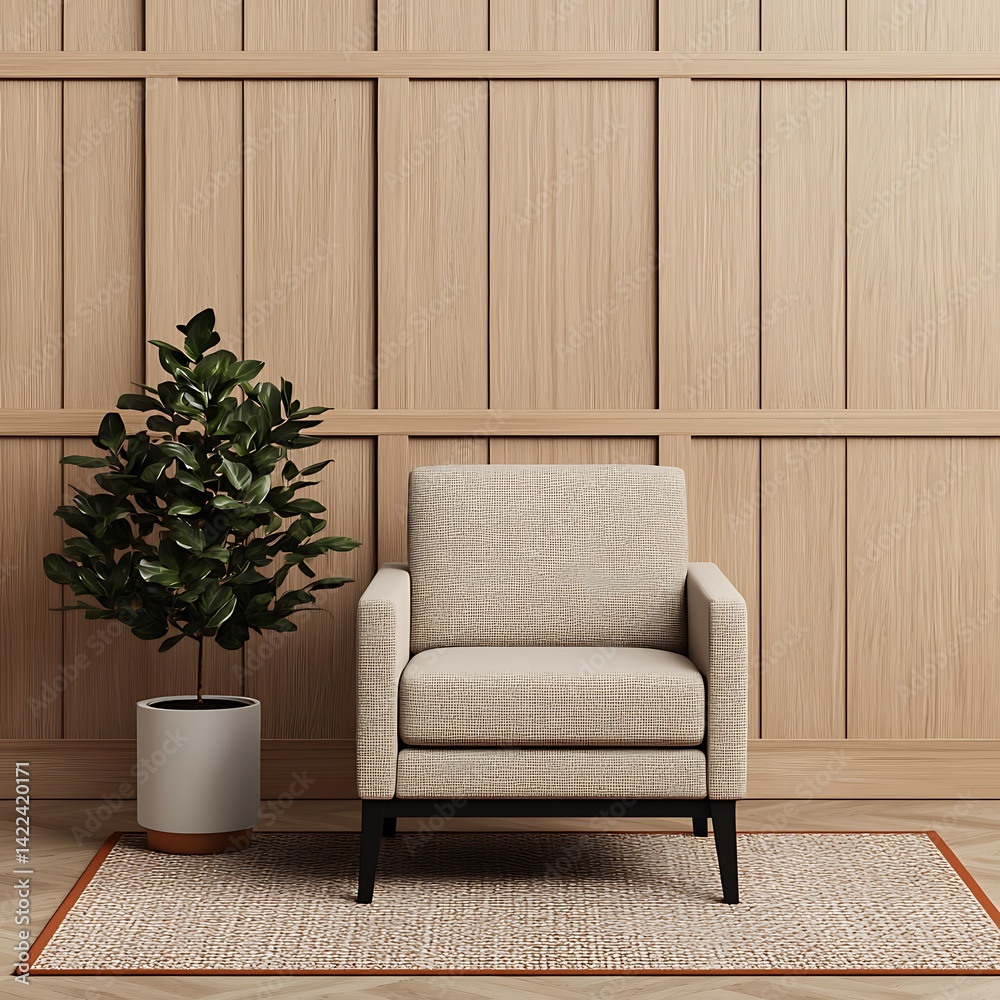 Modern interior design showcases a stylish armchair with neutral tones, a lush plant, and a warm wooden backdrop creating a serene setting.