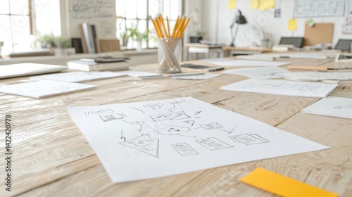 Workspace with design sketches.  A collaborative environment