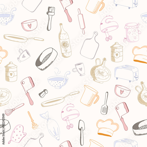 Seamless vector pattern with hand drawn kitchen and cookery items doodle vector silhouettes. Outline vector wallpaper for cafe or diner. Background with cooking accessories and equipments