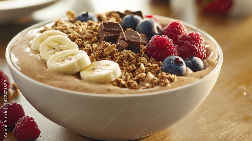 Healthy Breakfast Bowl with Bananas, Raspberries, and Granola Toppings Healthy Breakfast Bowl with Bananas, Raspberries, and Granola Toppings