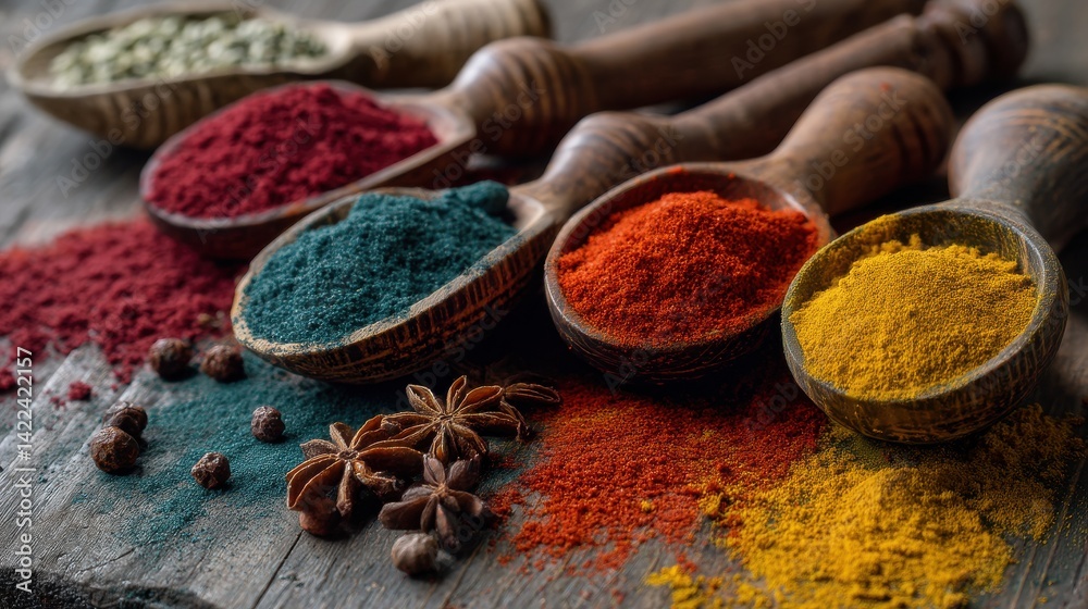 Vibrant spices in wooden spoons. A colorful display of culinary delights. Vibrant spices in wooden spoons. A colorful display of culinary delights.