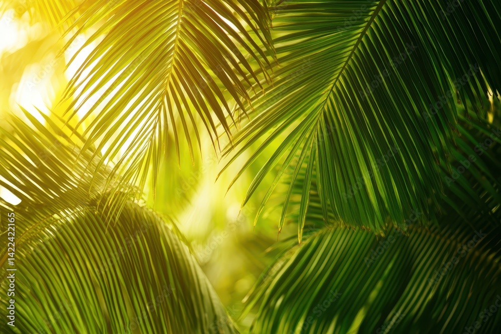 Fototapeta premium Lush palm fronds bathed in golden sunlight.