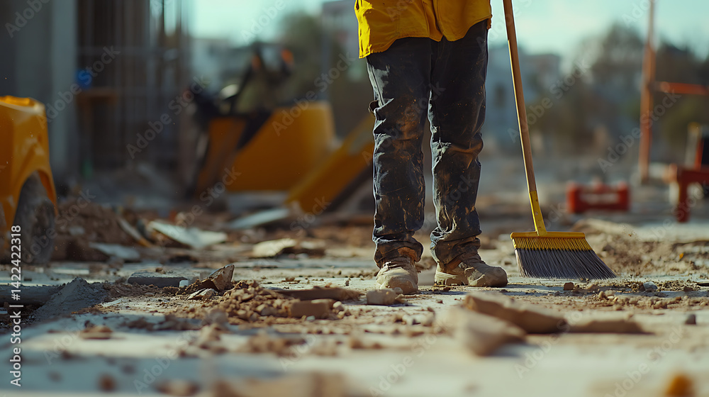 Construction Worker Sweeping Debris at Site
