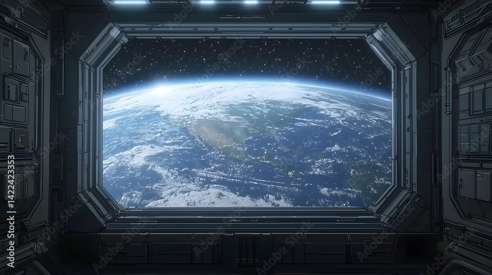A stunning view of Earth from a spaceship porthole reveals a breathtaking panorama of continents and swirling clouds against the backdrop of the inky black expanse of space. A stunning view of Earth from a spaceship porthole reveals a breathtaking panorama of continents and swirling clouds against the backdrop of the inky black expanse of space.